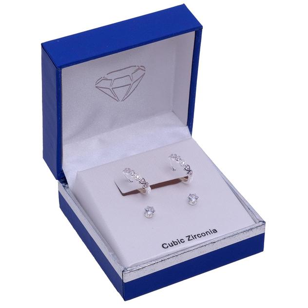 Silver-Tone 2pr. Heart Motif CZ Hoop Earrings & CZ Stud Earrings