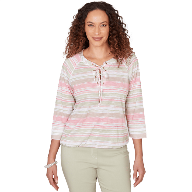 Petite Hearts of Palm Bloom Service Tie Neck Stripe Blouse