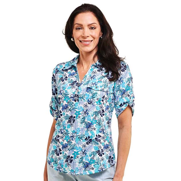 Plus Size Emily Daniels Elbow Sleeve Tropical Henley Blouse