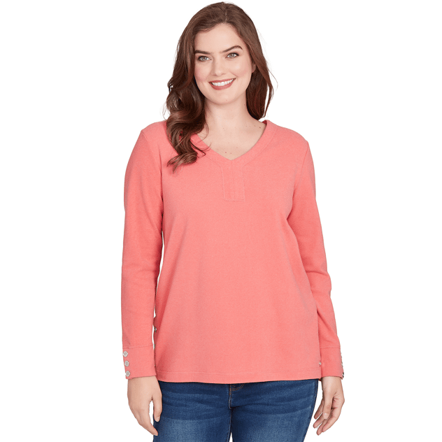 Petite Ruby Rd. Travel and Leisure Long Sleeve V Neck Blouse