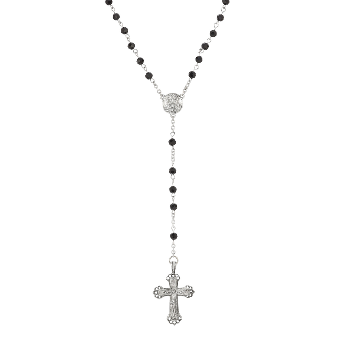 Symbols of Faith Pewter Black Bead Mother Mary Rosary