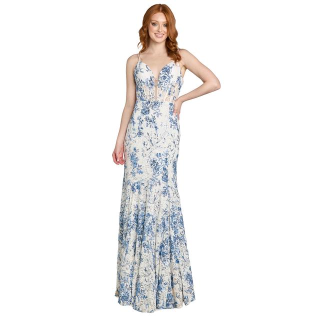 Juniors Morgan & Co. Floral Lace Corset Mermaid Dress with Pin