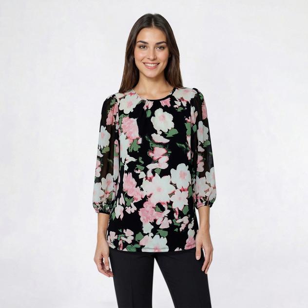 Womens Kasper 3/4 Sleeve Pleat Round Neck Floral Blouse