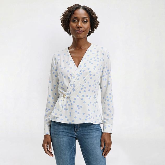 Womens Halston Long Sleeve Faux Wrap Polka Dot Blouse