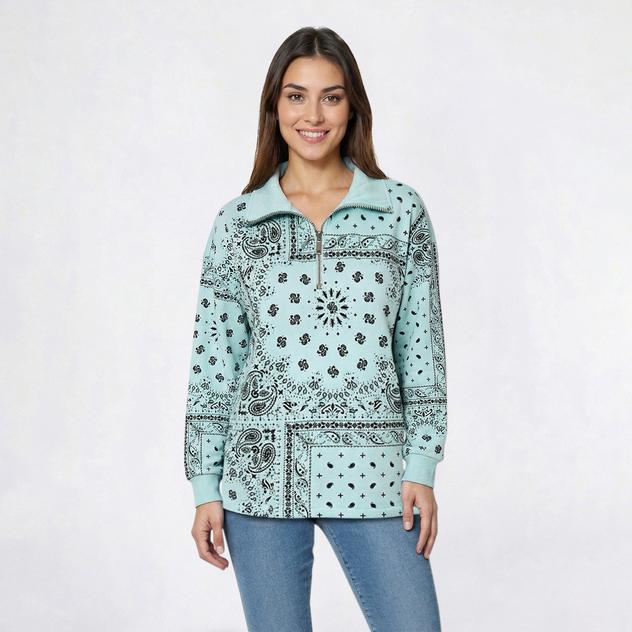 Womens Tru Self Long Sleeve 1/4 Zip Paisley Sweatshirt