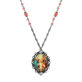 Symbols of Faith Silver Tone Oval Holy Family Decal Necklace