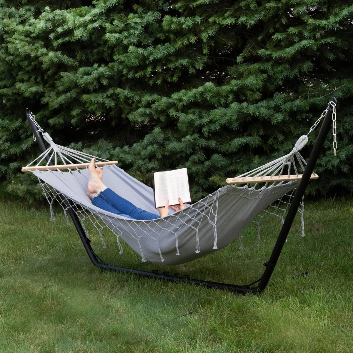 Northlight Seasonal Hammock w/ Netted Fringe & Wooden Bars
