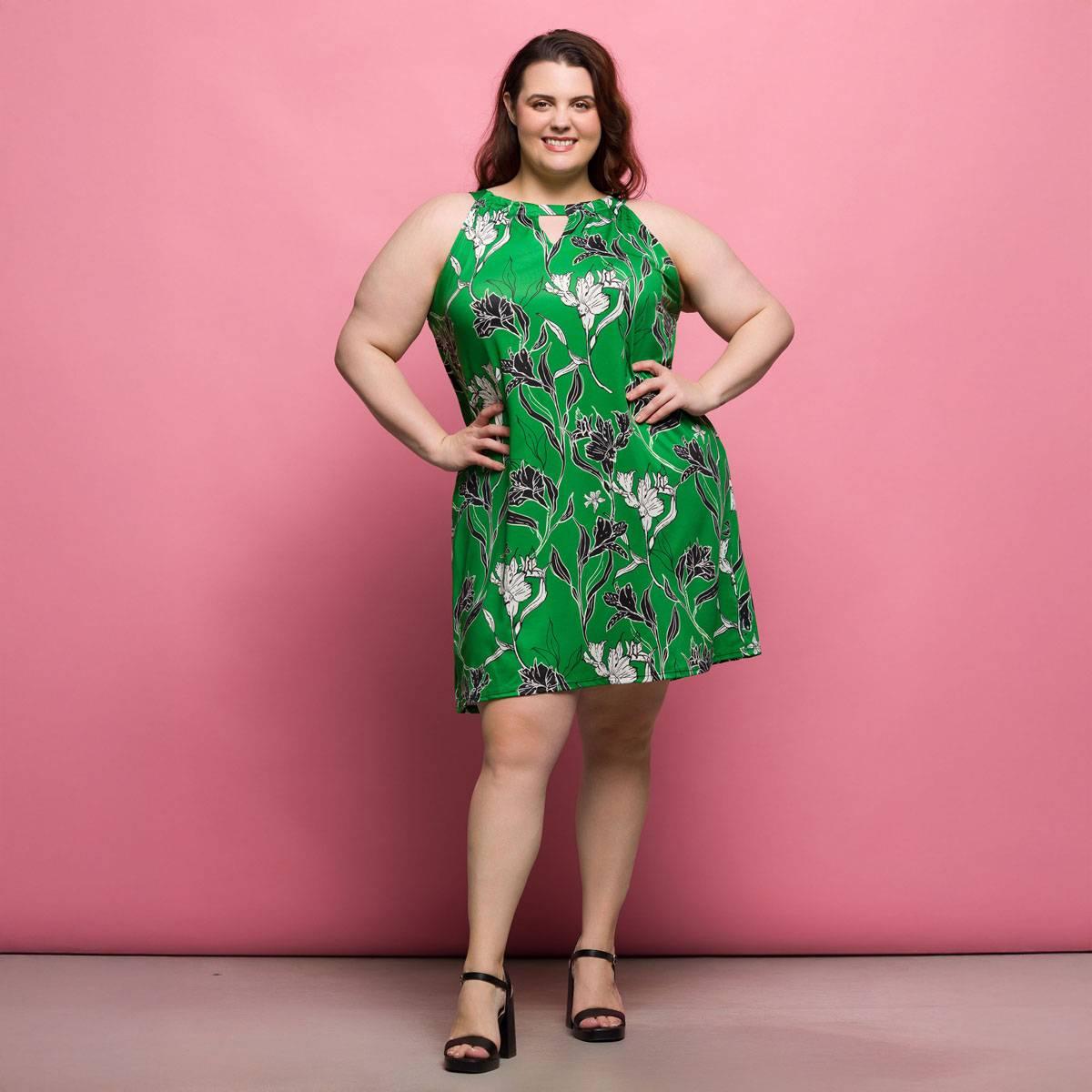 Plus Size 24/7 Comfort Apparel Green Floral Keyhole Dress