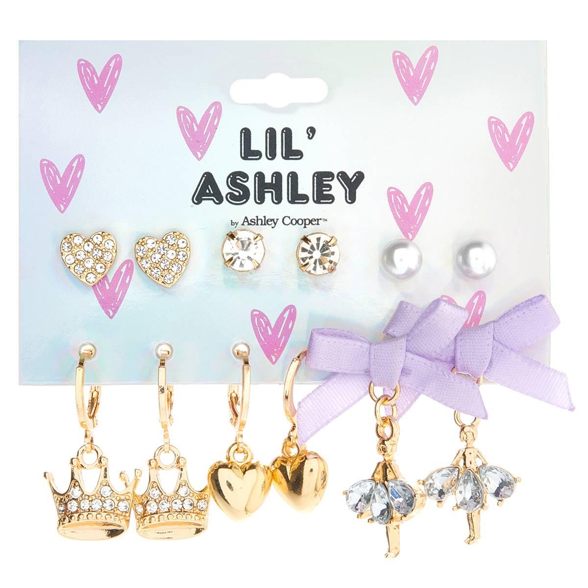 Kids Lil Ashley 6pr. Gold Hearts/Crowns/Ballerina Earrings Set