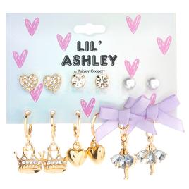 Kids Lil Ashley 6pr. Gold Hearts/Crowns/Ballerina Earrings Set