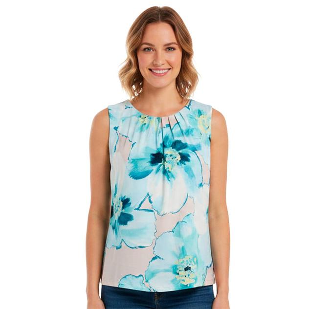 Womens Calvin Klein Sleeveless Pleat Front Large Floral Blouse