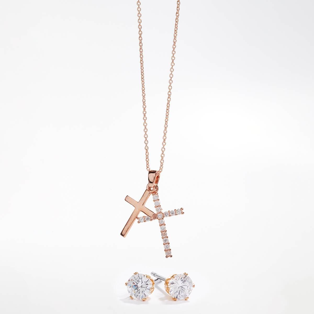 Rose Gold CZ Cross Pendant & Earring Set