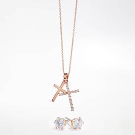 Rose Gold CZ Cross Pendant & Earring Set