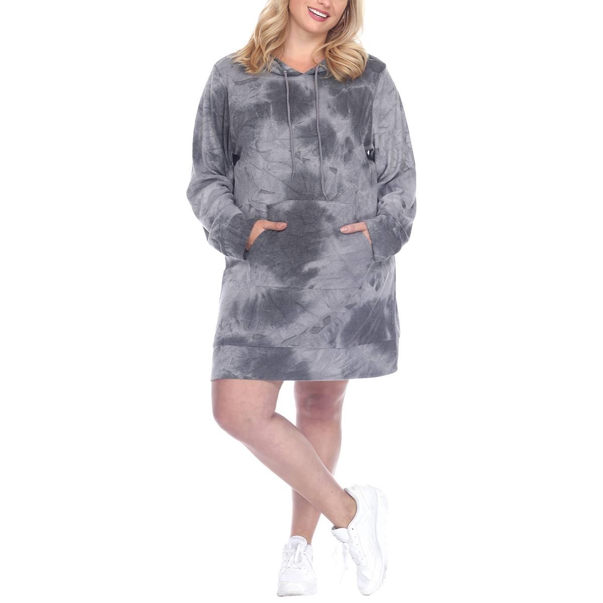 Plus Size White Mark Long Sleeve Hooded Tie Dye Sweatshirt Dress