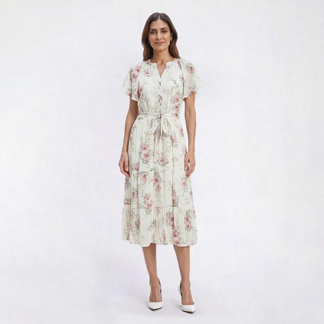 Womens Luxology Flutter Sleeve Floral Tier Midi Dress