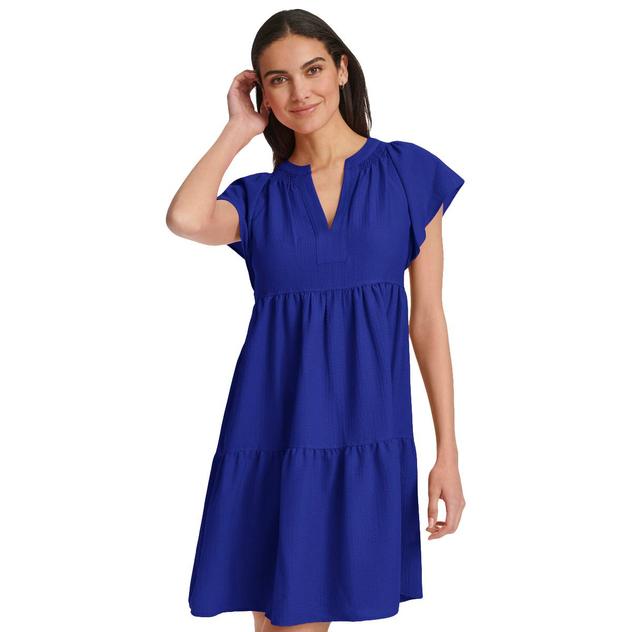 Womens Calvin Klein Short Sleeve Split Neck Tier A-Line Dress