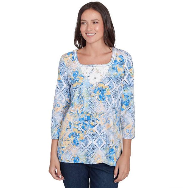 Petite Ruby Rd. Bella Vista Knit Watercolor Patchwork Tee