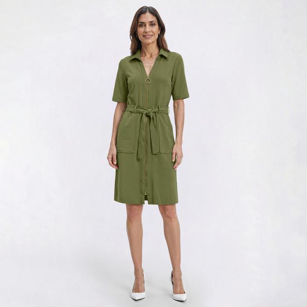 Womens Sharagano Elbow Sleeve Crepe Zip Split Neck Shirtdress