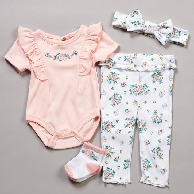 Baby Girl (3-9M) Baby Essentials® 4pc. Floral Bodysuit & Pant Set