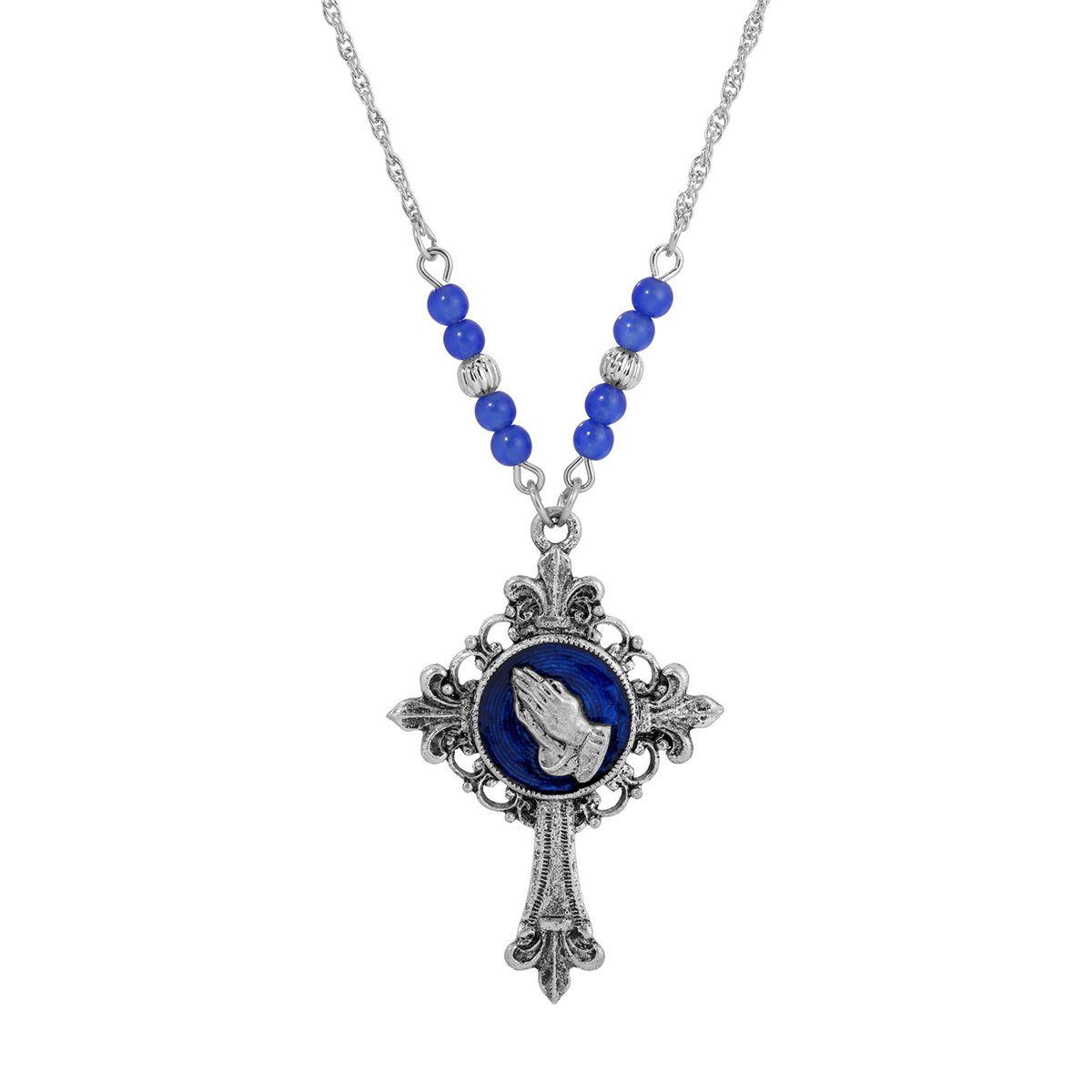 Symbols of Faith Silver Tone Cross Praying Hands Necklace