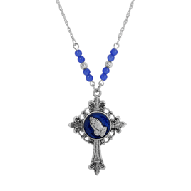 Symbols of Faith Silver Tone Cross Praying Hands Necklace