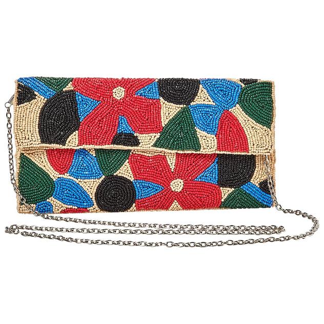 Sol & Mer Geometric Floral Beaded Flap Clutch With Chain