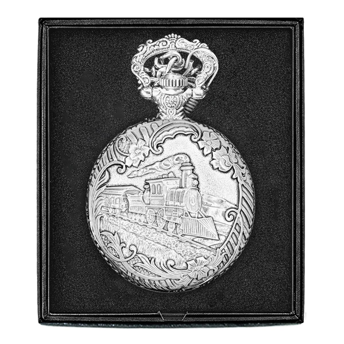 Mens Silver Alloy Engraved Train Pocket Watch - 37746