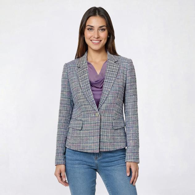 Womens Kasper Long Sleeve One Button Tweed Patch Pocket Blazer