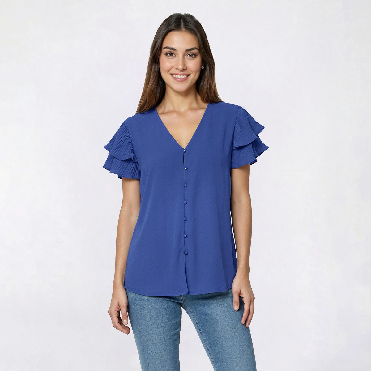 Womens Adrianna Papell Pleated Flutter Sleeve V Neck Blouse