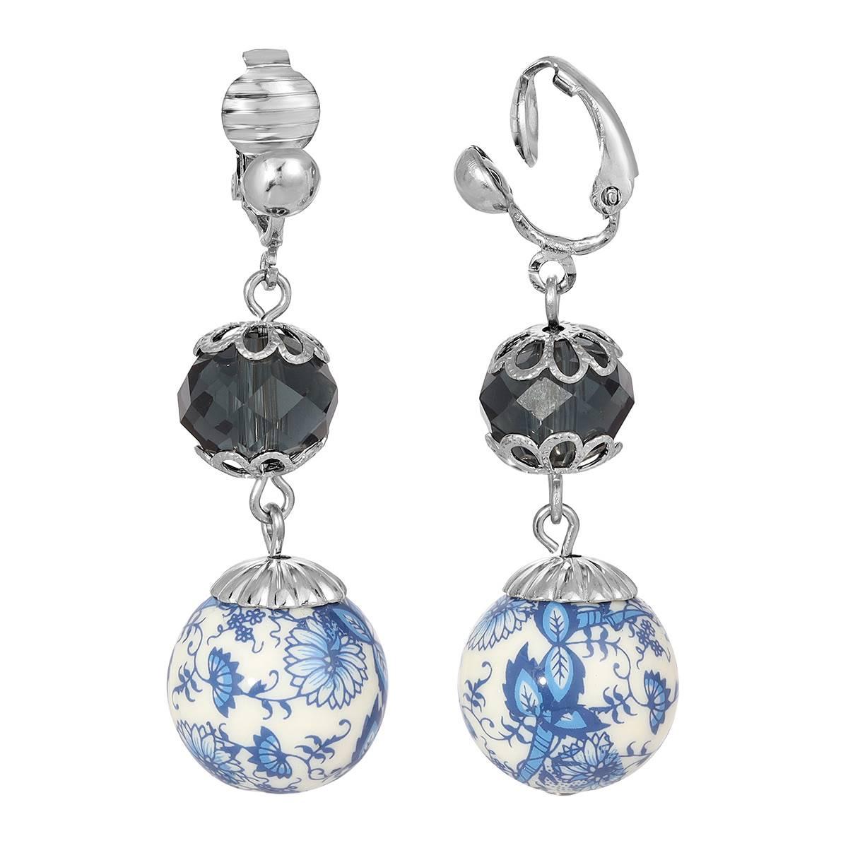 1928 Silver Tone Dark Blue & Blue Willow Beaded Clip Earrings