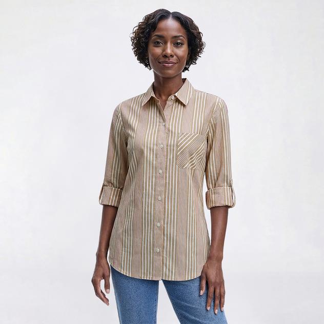 Womens Nautica Jeans Stripe Roll Tab Sleeve Casual Button Down