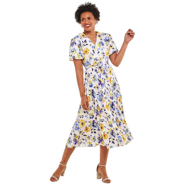 Womens Sharagano Puff Sleeve Floral Pleated Midi Dress