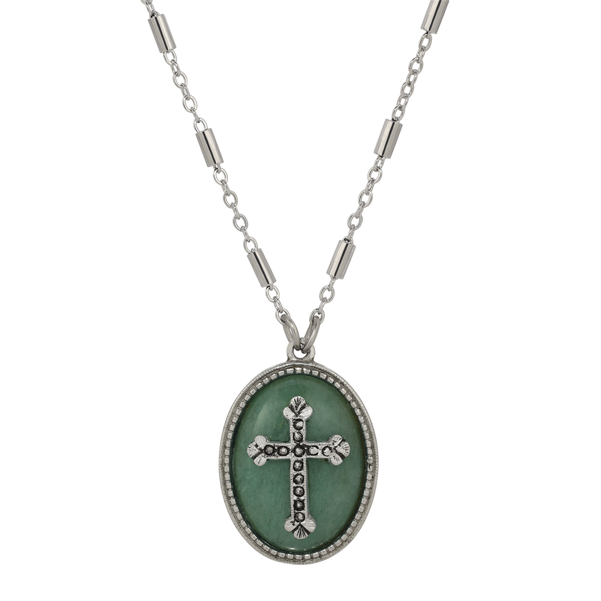 Symbols of Faith Silver Tone Oval Semi-Precious Cross Necklace