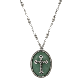 Symbols of Faith Silver Tone Oval Semi-Precious Cross Necklace