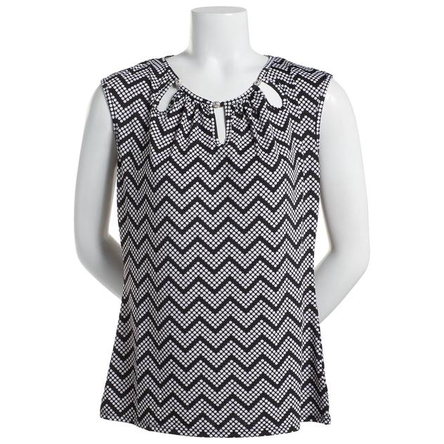 Womens Notations Sleeveless Puff Dot Zigzag Keyhole Blouse