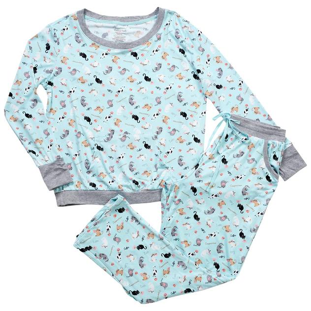 Juniors Pillow Talk Long Sleeve Playful Cats Pajama Set