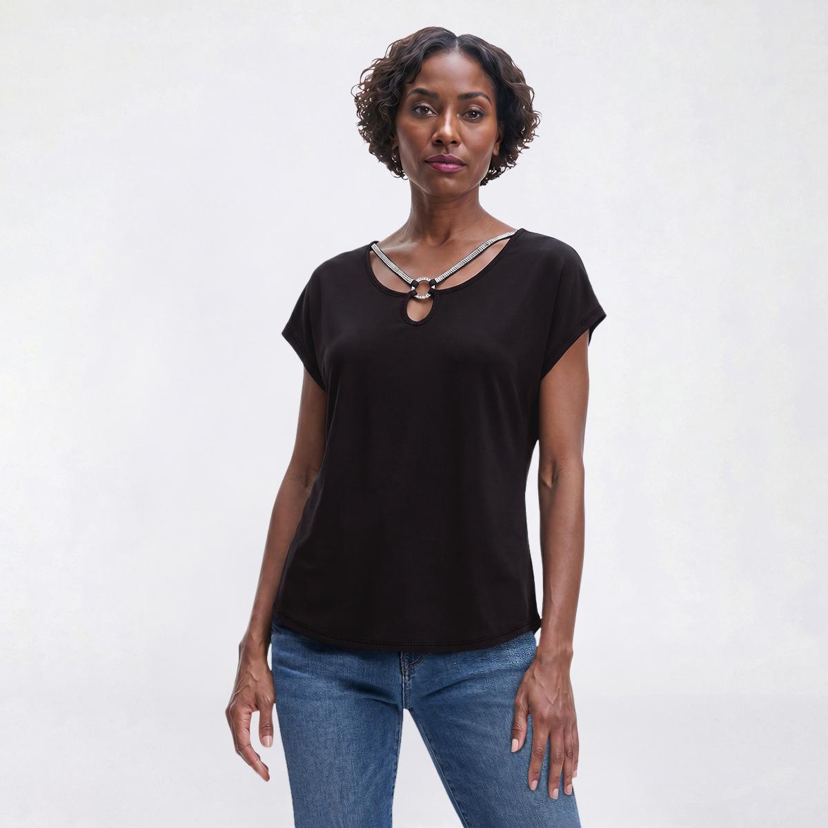 Womens Love Scarlet Short Sleeve O-Ring Keyhole Neck Blouse