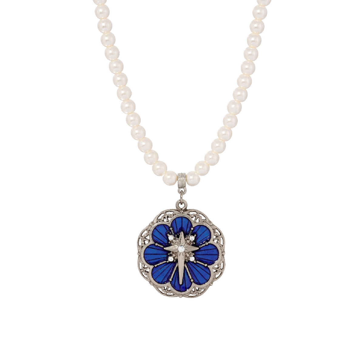 Symbols of Faith Silver Tone Star Of Bethlehem Pearl Necklace