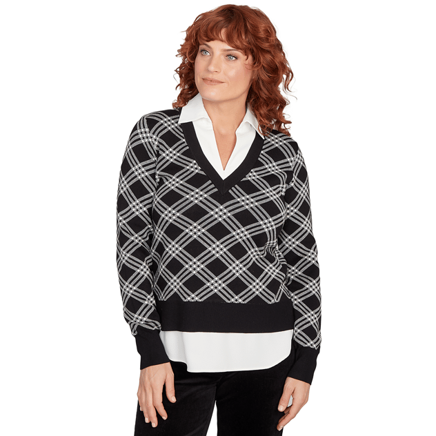 Petite Emaline Deerfield Long Sleeve Two in One Plaid Sweater