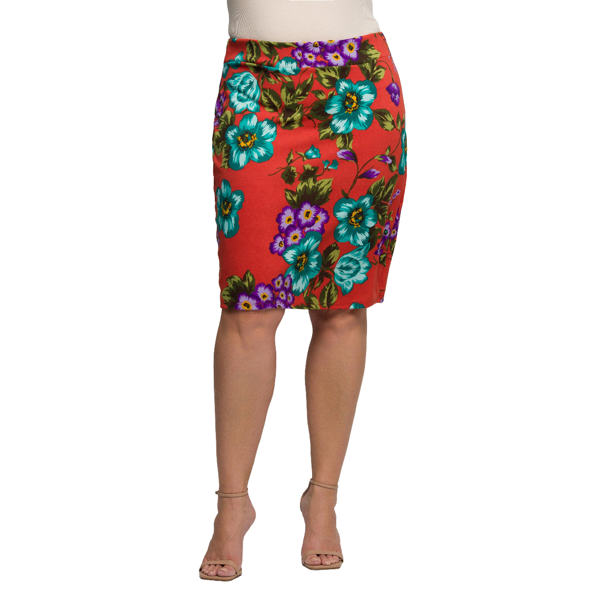 Plus Size 24/7 Comfort Apparel Orange Floral Pencil Skirt