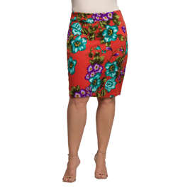 Plus Size 24/7 Comfort Apparel Orange Floral Pencil Skirt