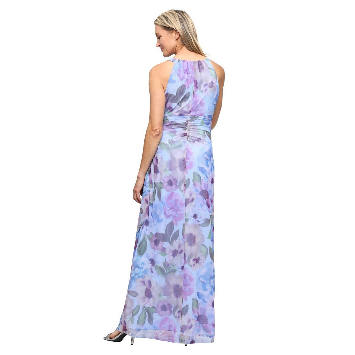Womens SLNY Sleeveless Floral Mesh Halter Neck Gown