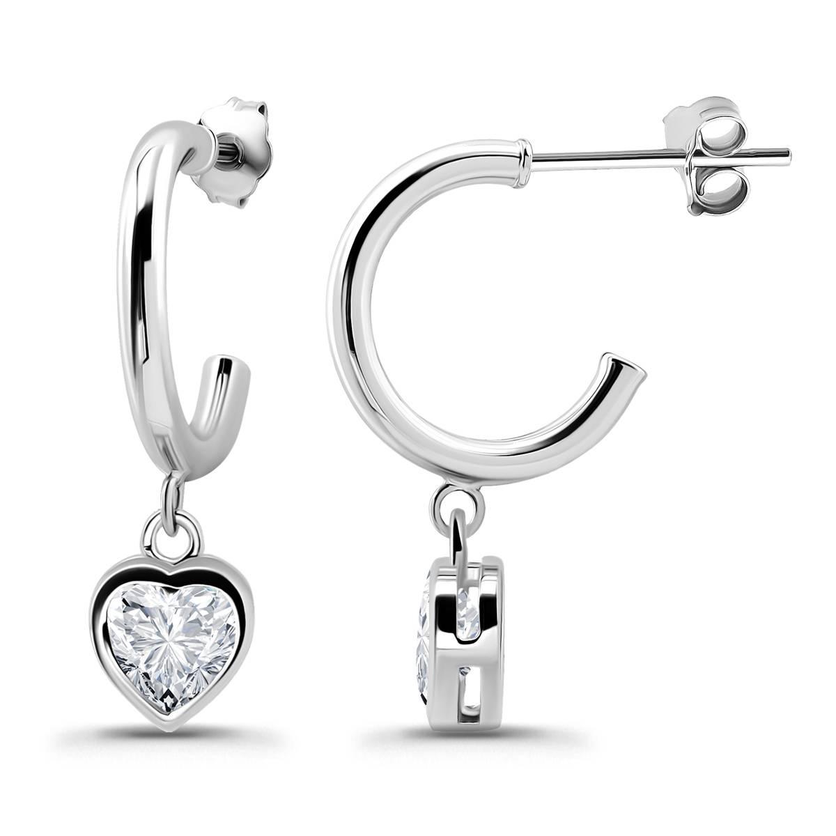 Designs by FMC Sterling Silver Bezel Heart CZ Drop Hoop Earrings