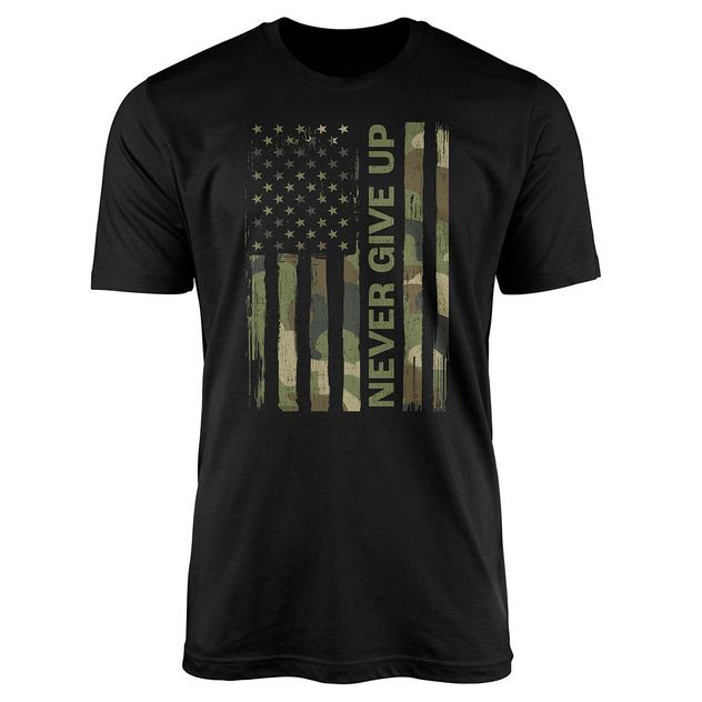 Mens Never Give Up Camo Flag Short Sleeve USA Tee - Black
