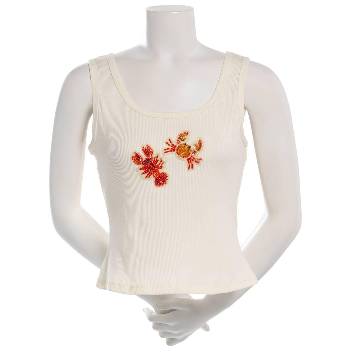 Juniors No Comment Corner Beaded Applique Rib Tank Top- Gardenia