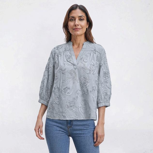 Womens Nanette Lepore 3/4 Sleeve Soutache Floral Stripe Blouse