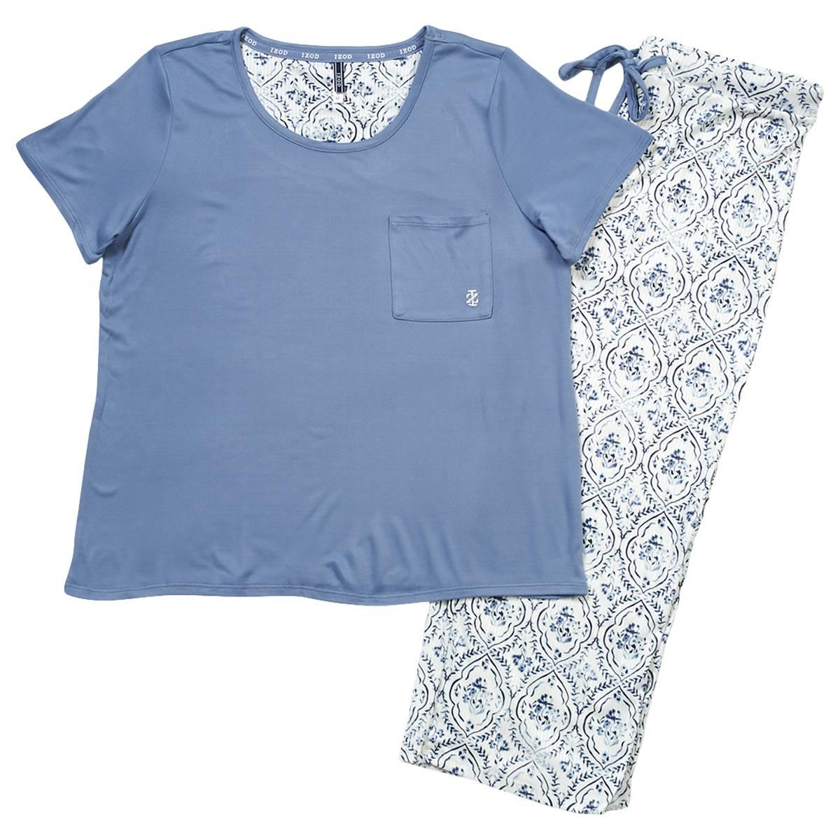 Plus Size IZOD® Solid Tee & Flowers Capris Pajama Set - Pink/Grey