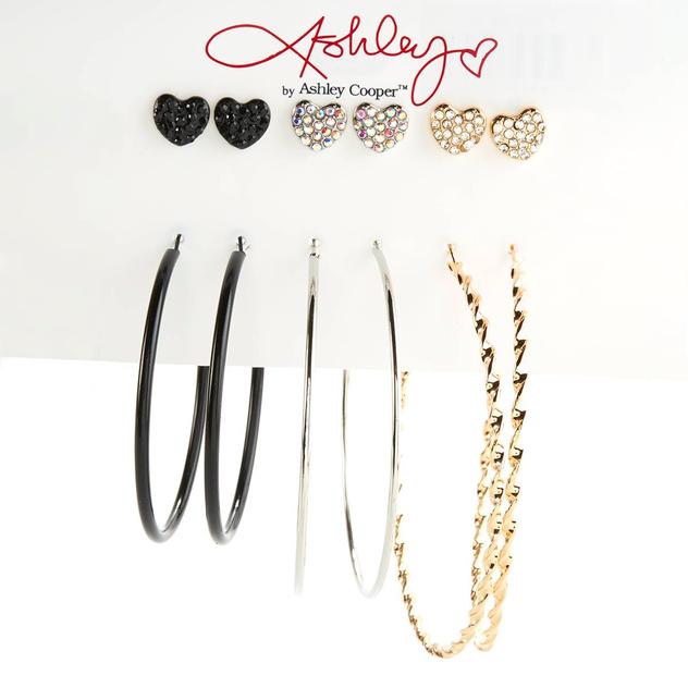 Ashley 6pr. Glass Hearts & Graduated Textured Hoop Earrings Set