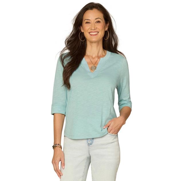 Womens Democracy Elbow Sleeve Split Neck Shirttail Hem Tee