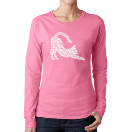 Womens LA Pop Art Stretching Cat - Word Art Long Sleeve T-Shirt